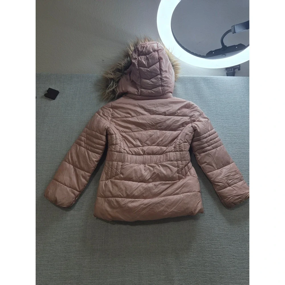 Michael Kors Puffer Jacket Girls Small Pink Faux Fur Hooded Full Zip Winter